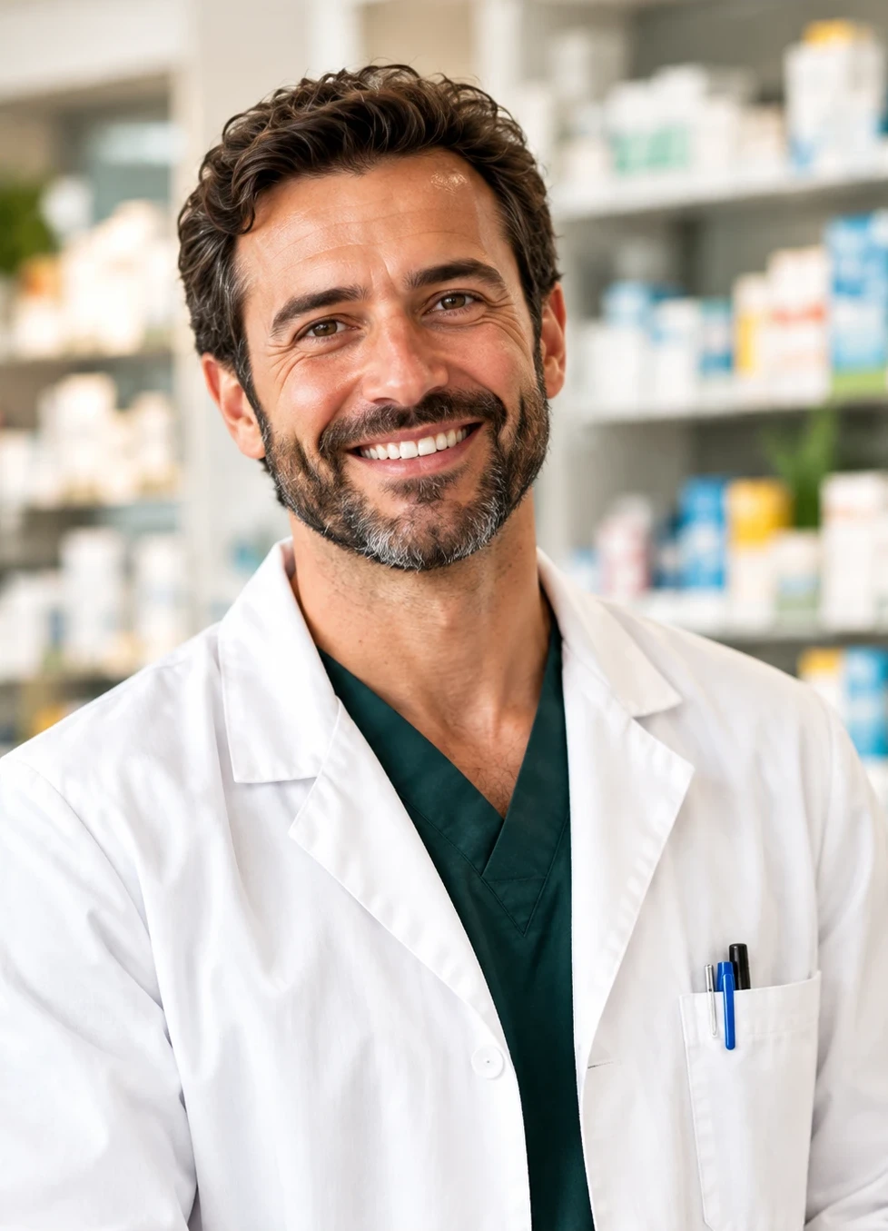 Pharmacien souriant en blouse blanche, devant les rayonnages d’une officine