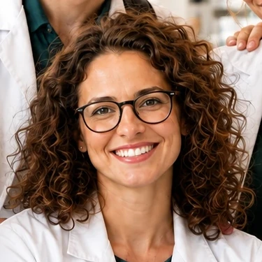 Professionnelle de la pharmacie souriante, en blouse blanche