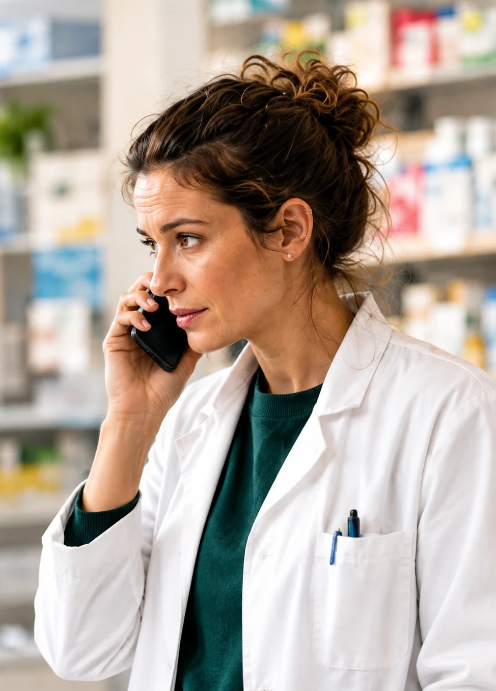 Pharmacienne en blouse blanche au téléphone, dans une officine